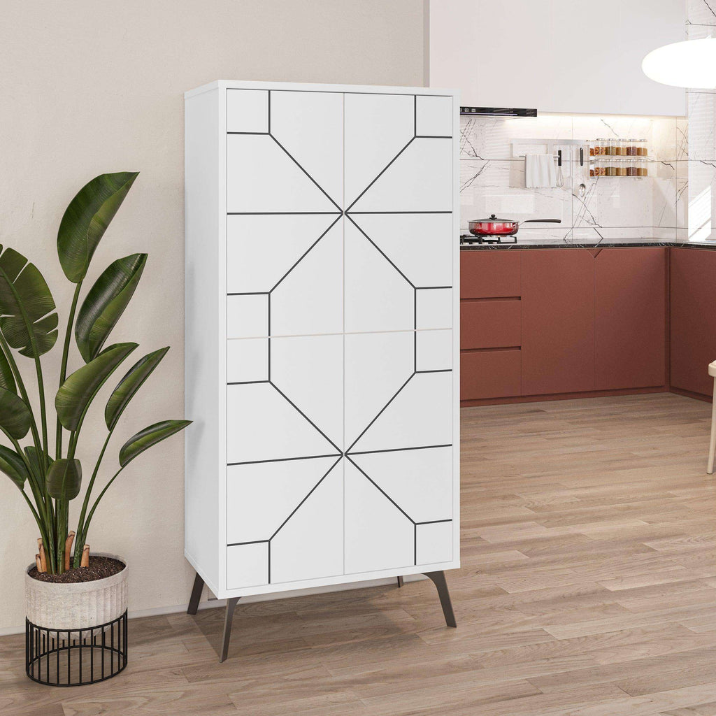 White cabinet with geometric door panels and four lower compartments, standing upright
