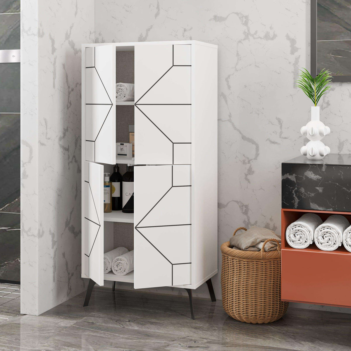 White cabinet with open doorway, geometric front panels, and dark interior shelves