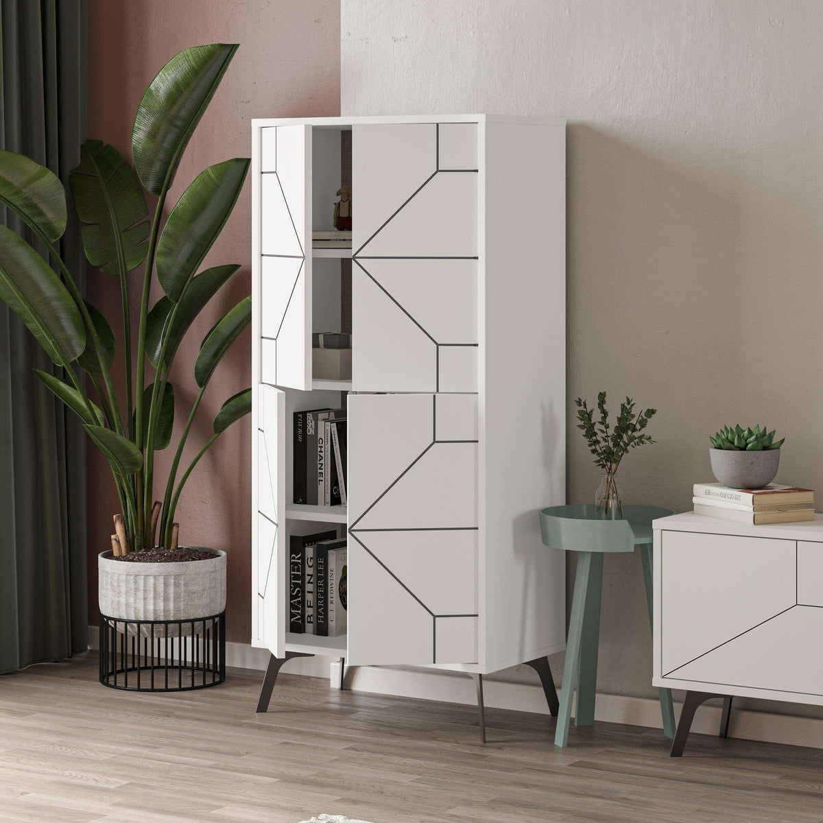 White cabinet with side doors open to reveal storage shelves and geometric panel fronts