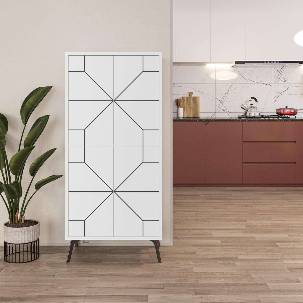 White multipurpose cabinet with geometric panel doors and slim metal legs