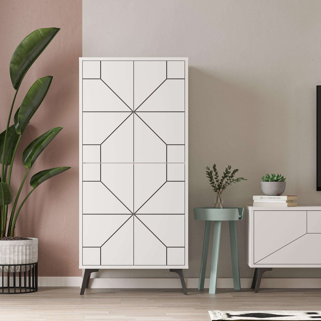 White standing multipurpose cabinet with geometric door design and long vertical frame