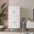 White standing multipurpose cabinet with geometric door design and long vertical frame