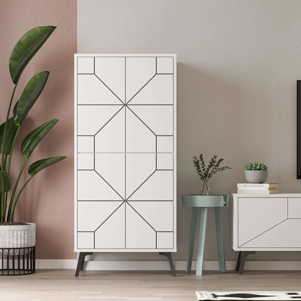 White standing multipurpose cabinet with geometric door design and long vertical frame