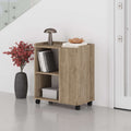 Natural oak sideboard cabinet with open shelves and caster wheels, front corner view