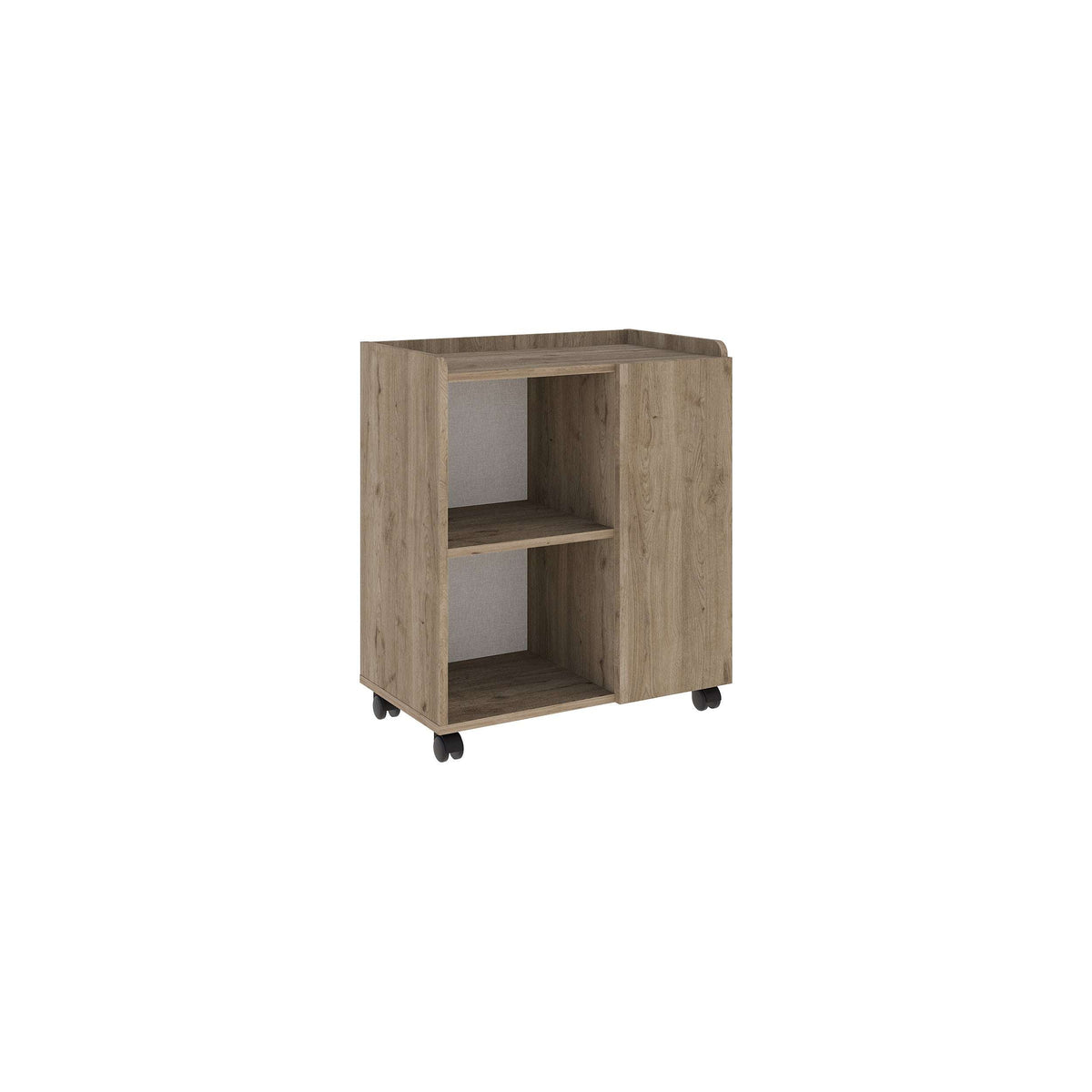 Natural oak sideboard cabinet with open shelves and caster wheels, angled view