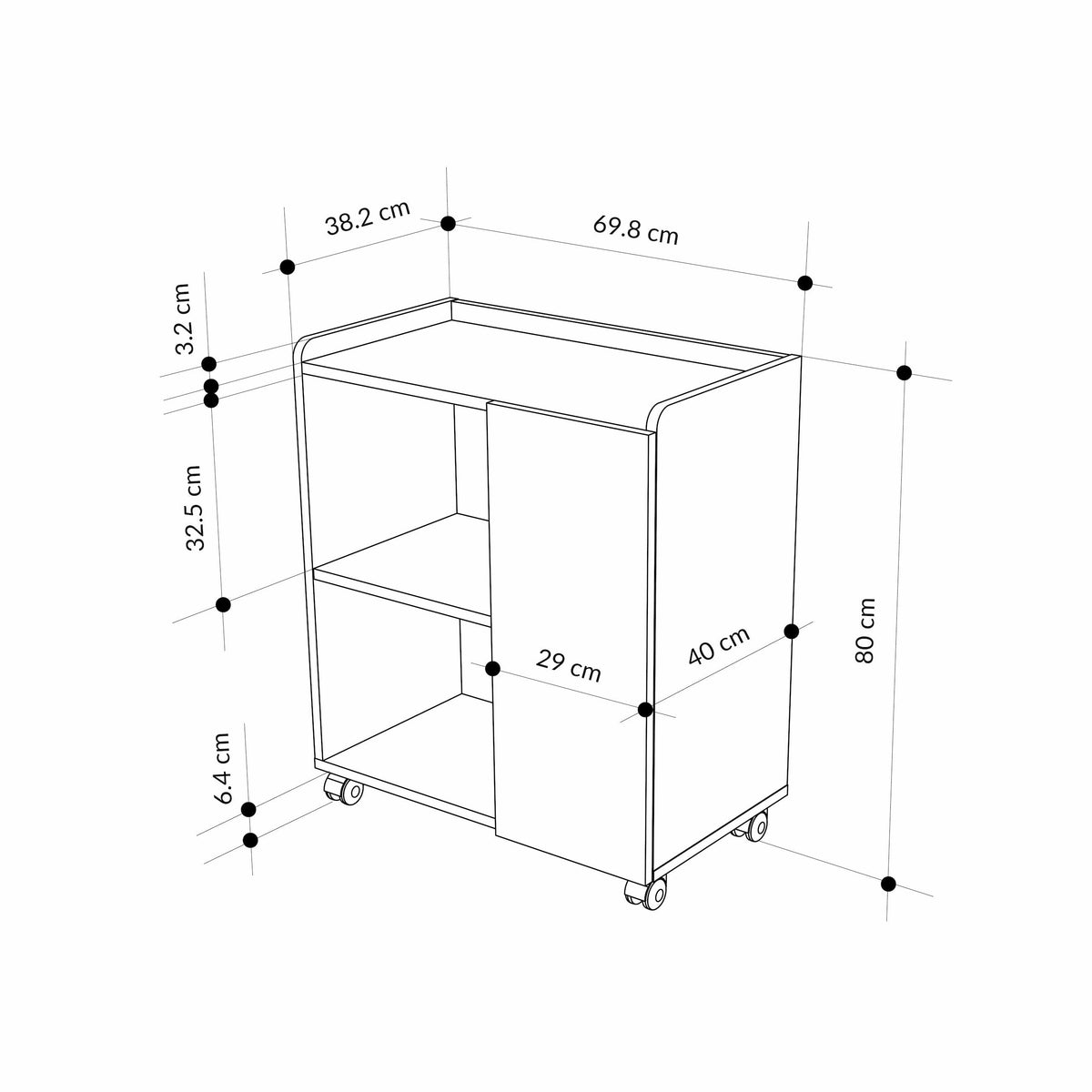 Sideboard cabinet dimension diagram: 80 cm height, 69.8 cm width, 40 cm depth