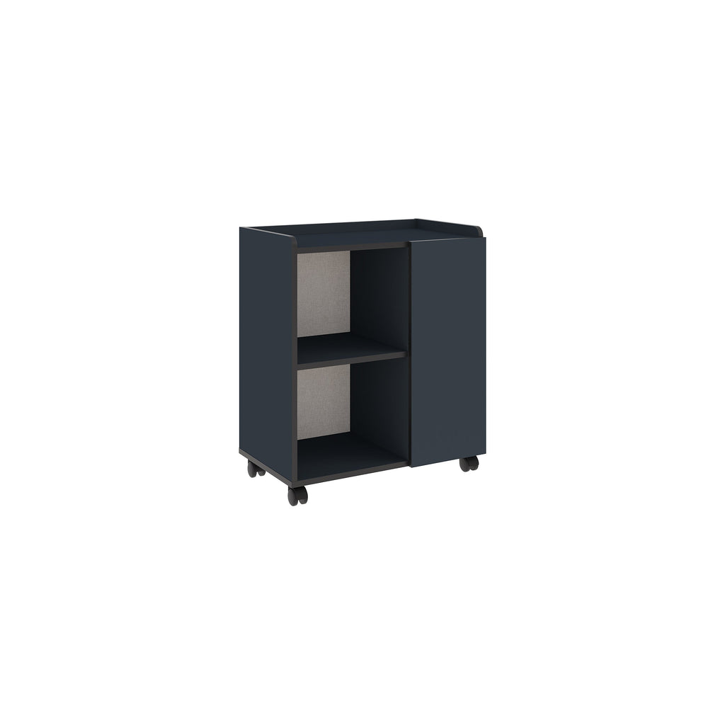 Deep blue sideboard cabinet with open shelves and caster wheels, angled view