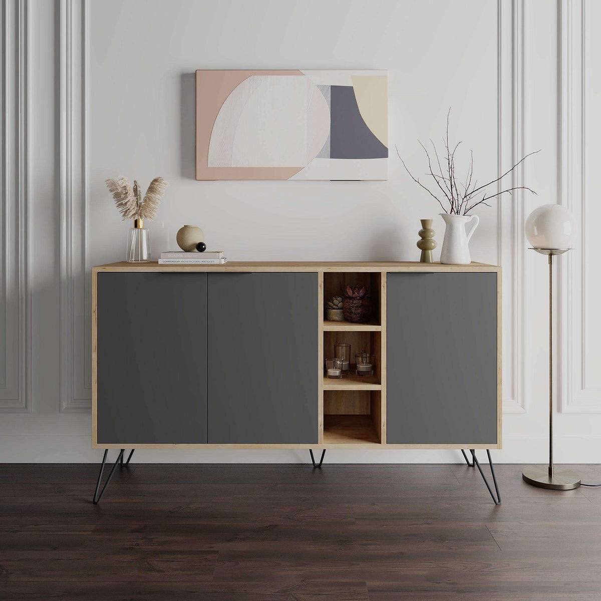 Modern sideboard console with dark grey doors and open center shelving