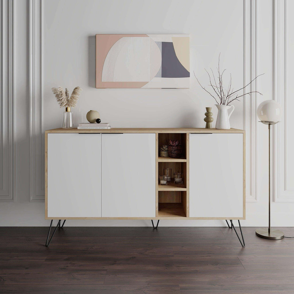 Modern sideboard console with white doors and open center shelving