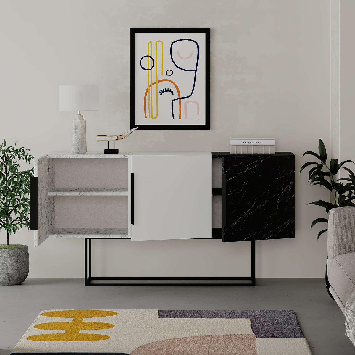 Console sideboard display unit with light gray and black finish panels, open shelf and doors