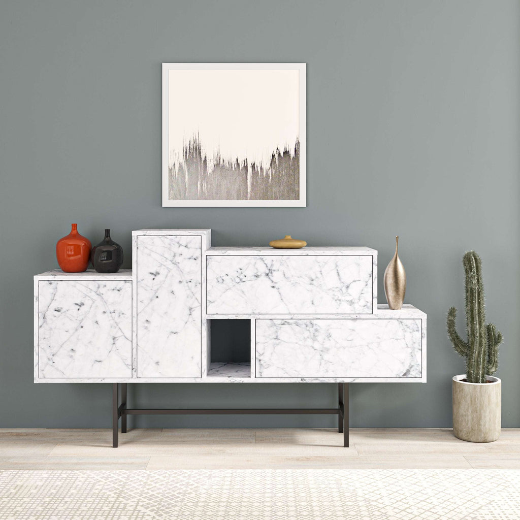 Hermes console sideboard in white marble look with drawers and cabinet doors
