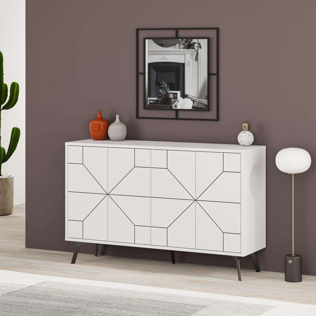 White console sideboard display unit with geometric panel doors and slim legs