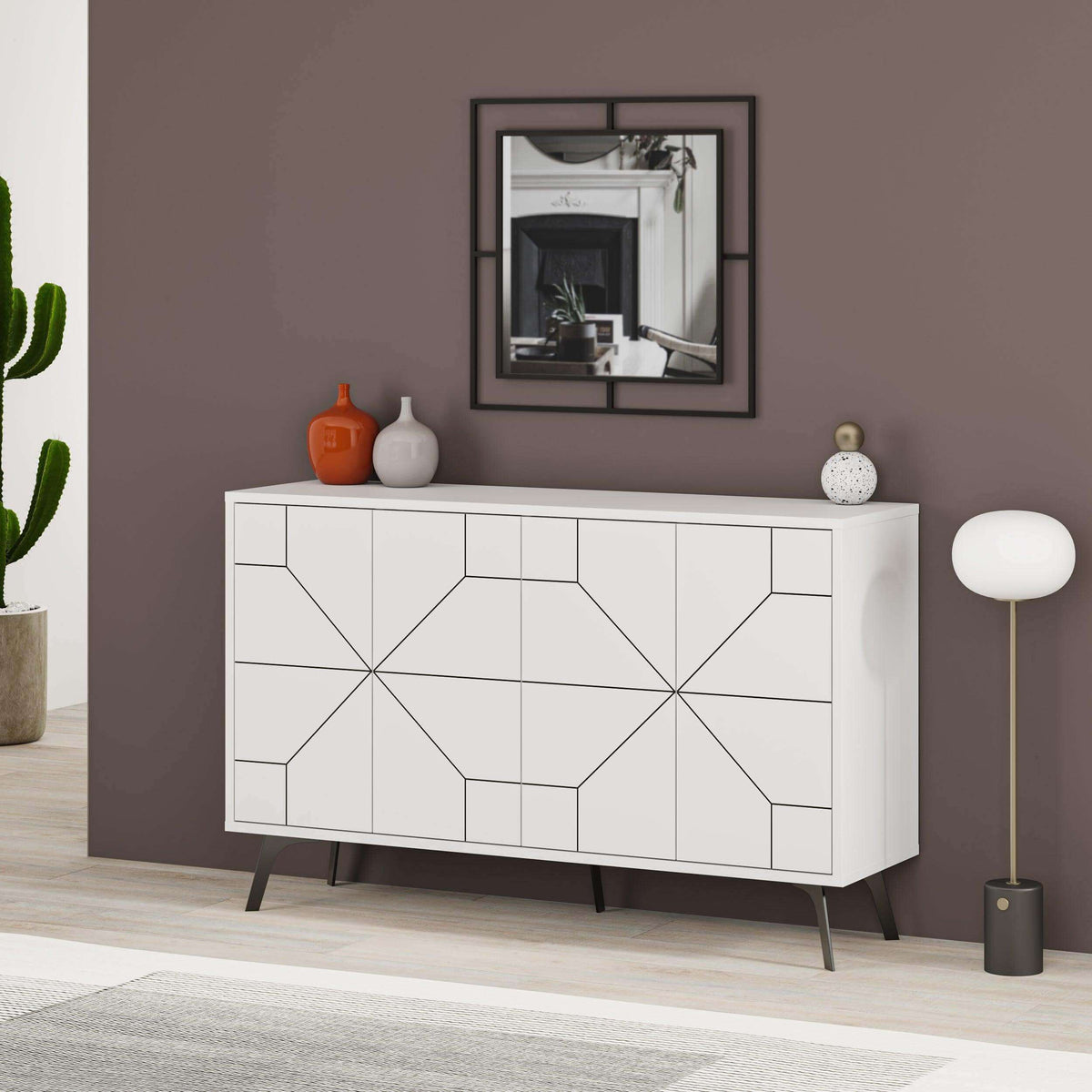 White console sideboard display unit with geometric panel doors and slim legs