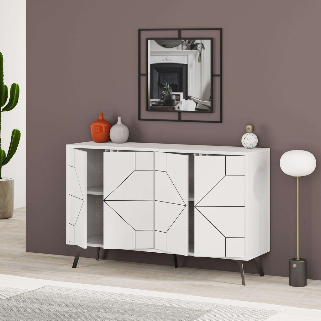 White sideboard with geometric door fronts and black tapered legs