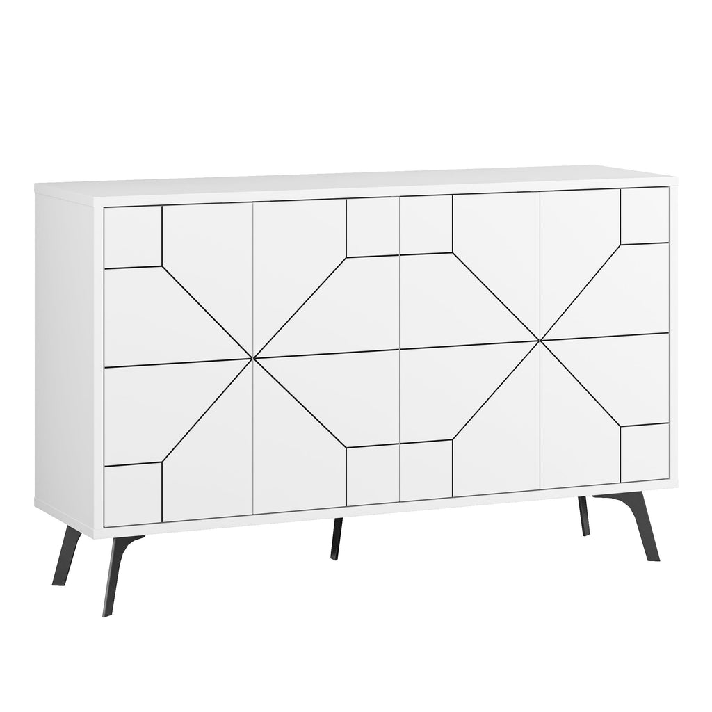 White sideboard cabinet with geometric door fronts and slender black legs