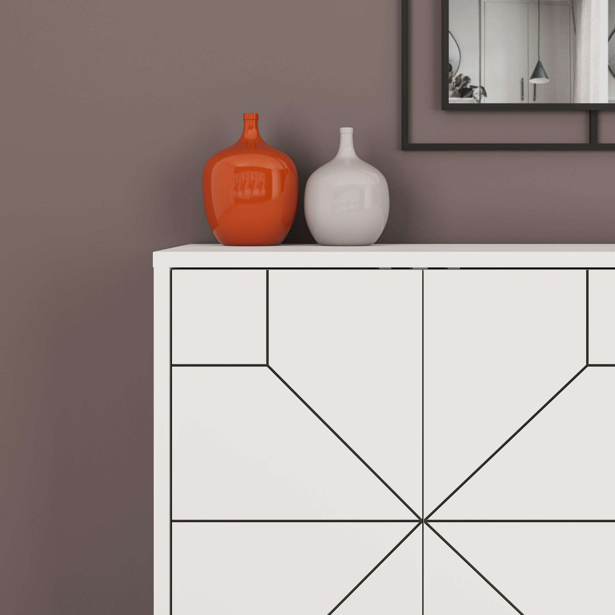White sideboard with geometric square-and-triangle door pattern