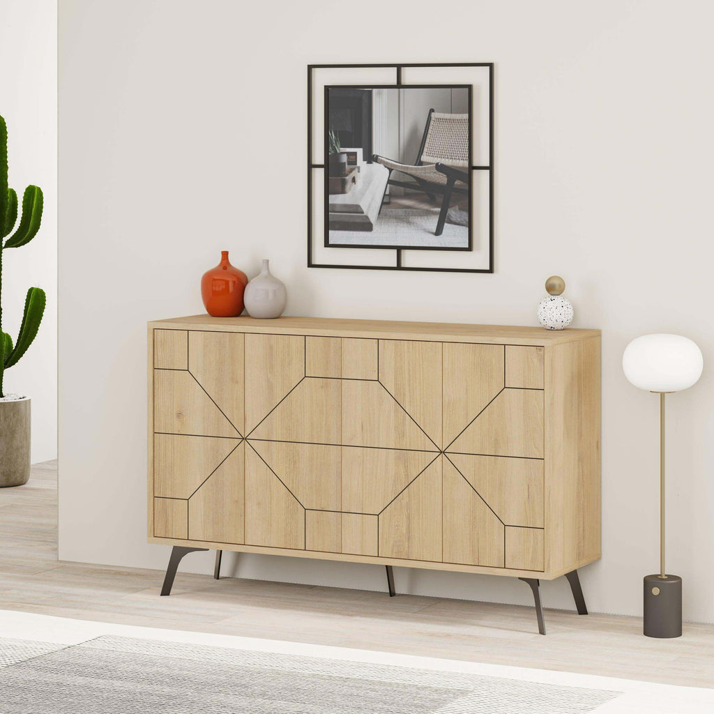 Light oak console sideboard display unit with geometric panel doors and slim legs