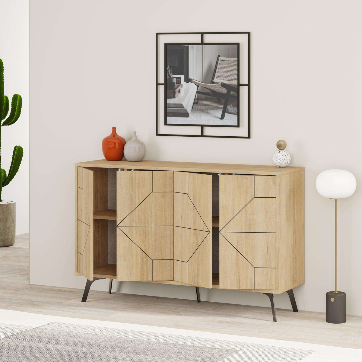 Light oak console sideboard with geometric panel doors and black angled legs.