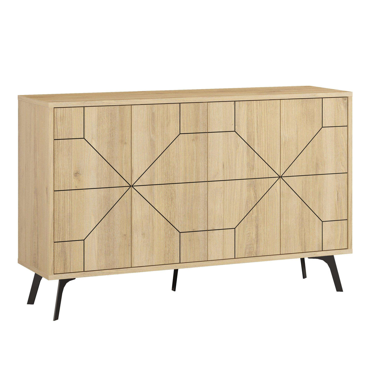 Oak-look console sideboard with geometric door pattern and black tapered legs