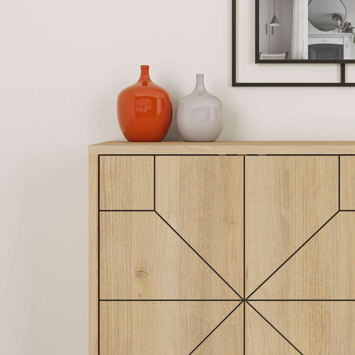 Light wood sideboard with geometric panel doors and black angled legs