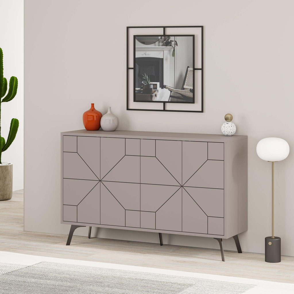 Light grey console sideboard display unit with geometric panel doors and slim legs