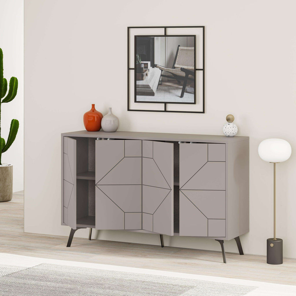 Grey sideboard cabinet with geometric door panels, open shelves, and black legs