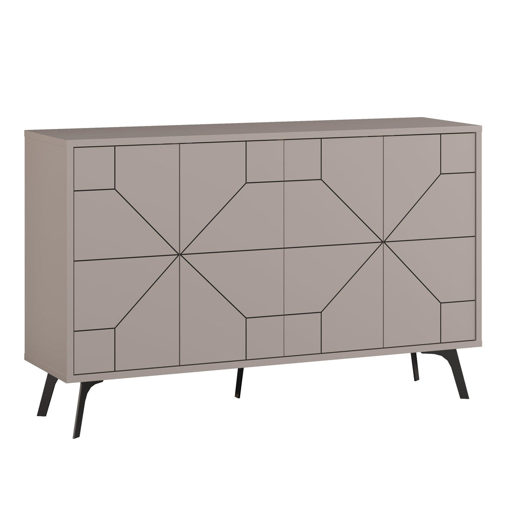 Grey console sideboard with geometric panel doors and slim black tapered legs