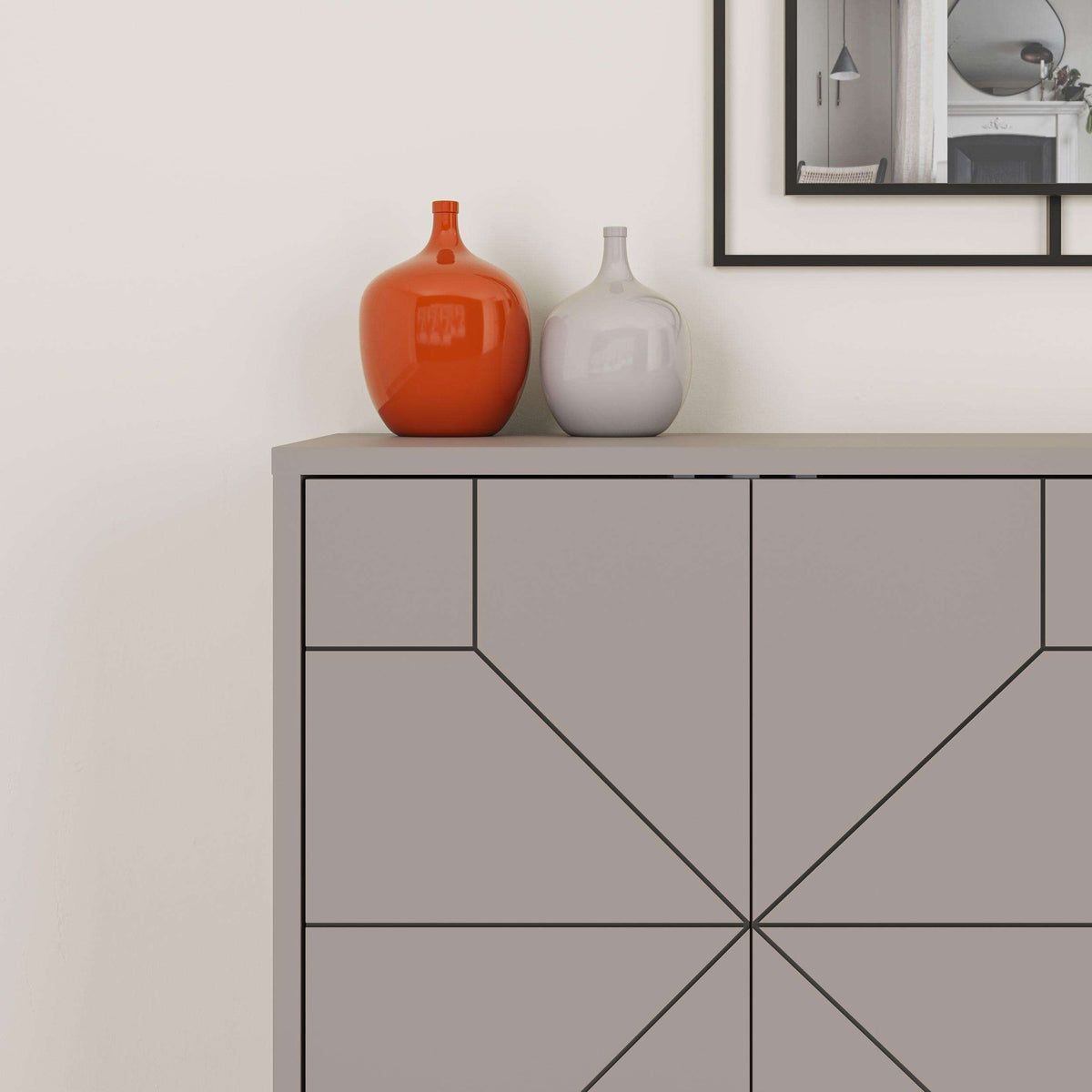 Grey console sideboard with geometric door panels and a dark diagonal cross detail
