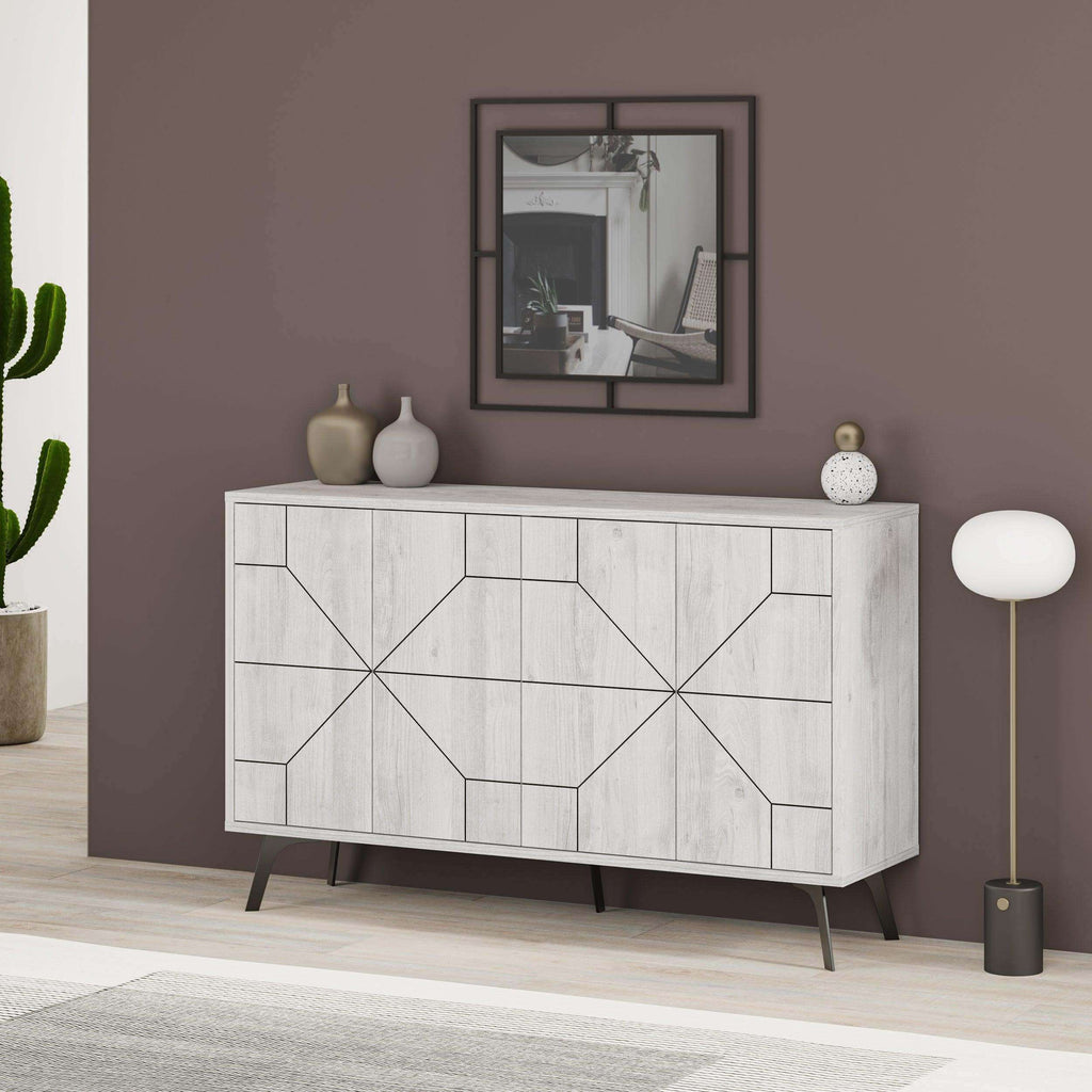 Carrara white console sideboard display unit with geometric panel doors and slim legs