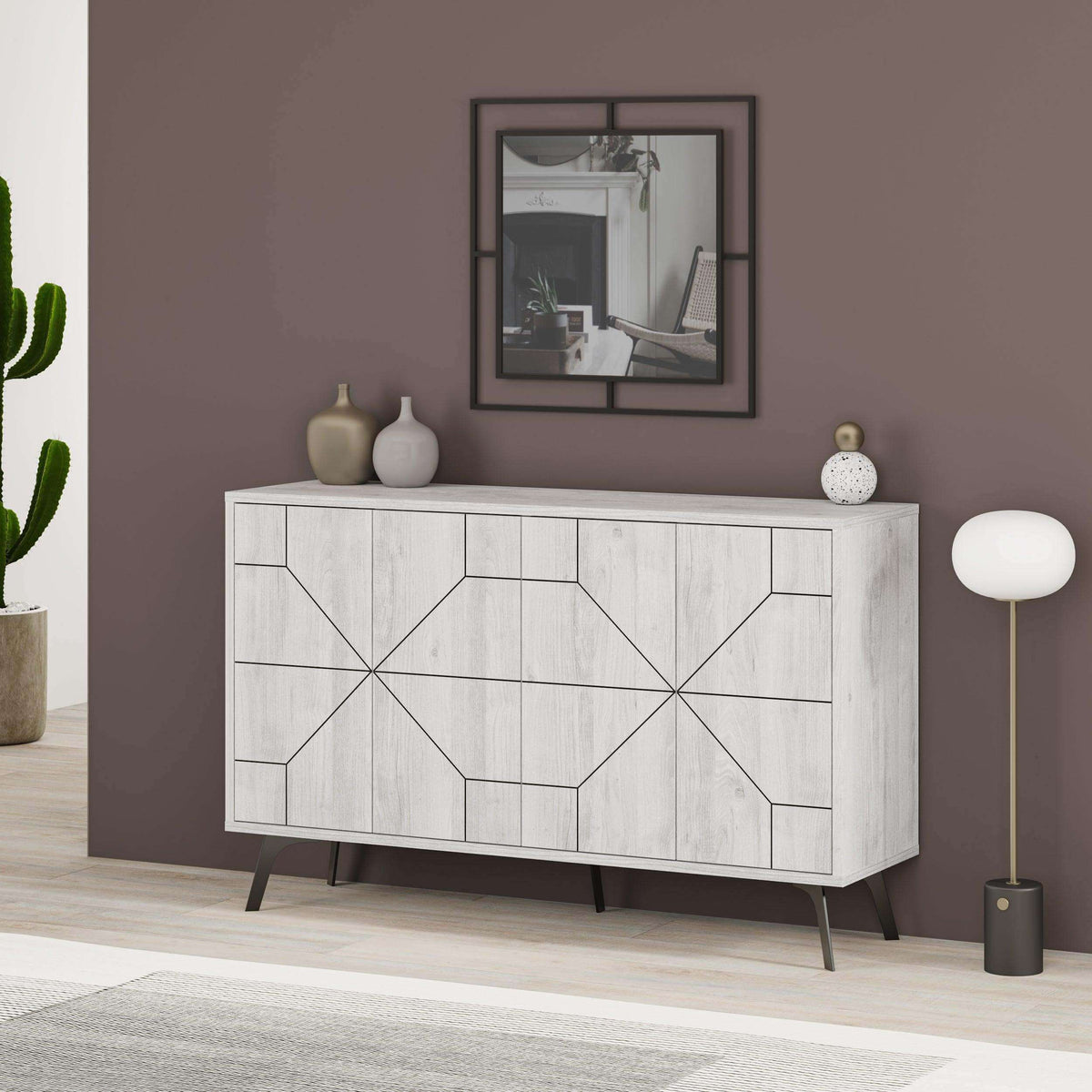 Carrara white console sideboard display unit with geometric panel doors and slim legs