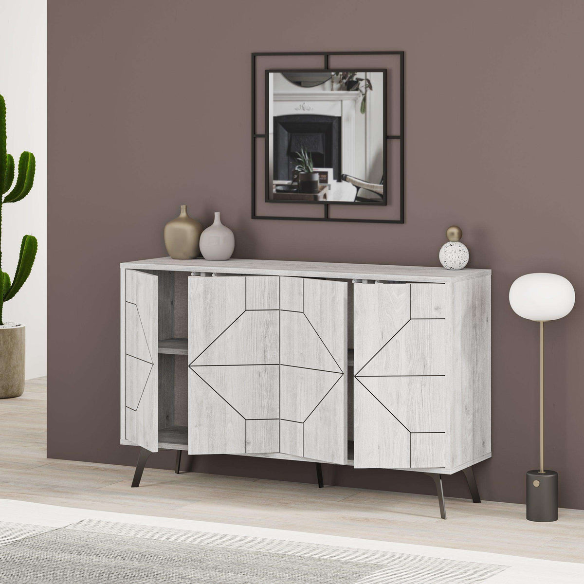 White marble-look sideboard with geometric door pattern, cabinet shelves, and black legs