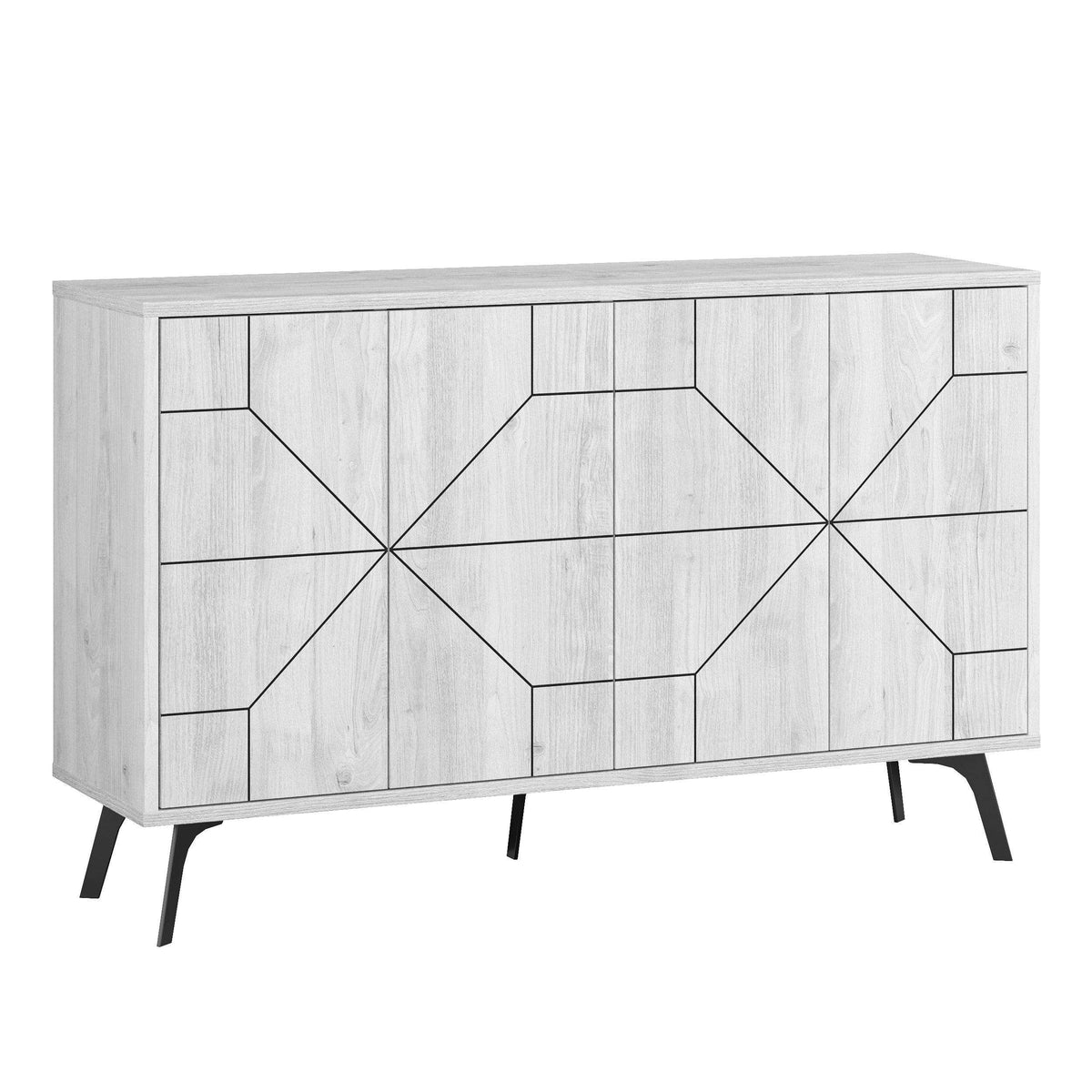 Light wood-look console sideboard with geometric door panels and slim black legs