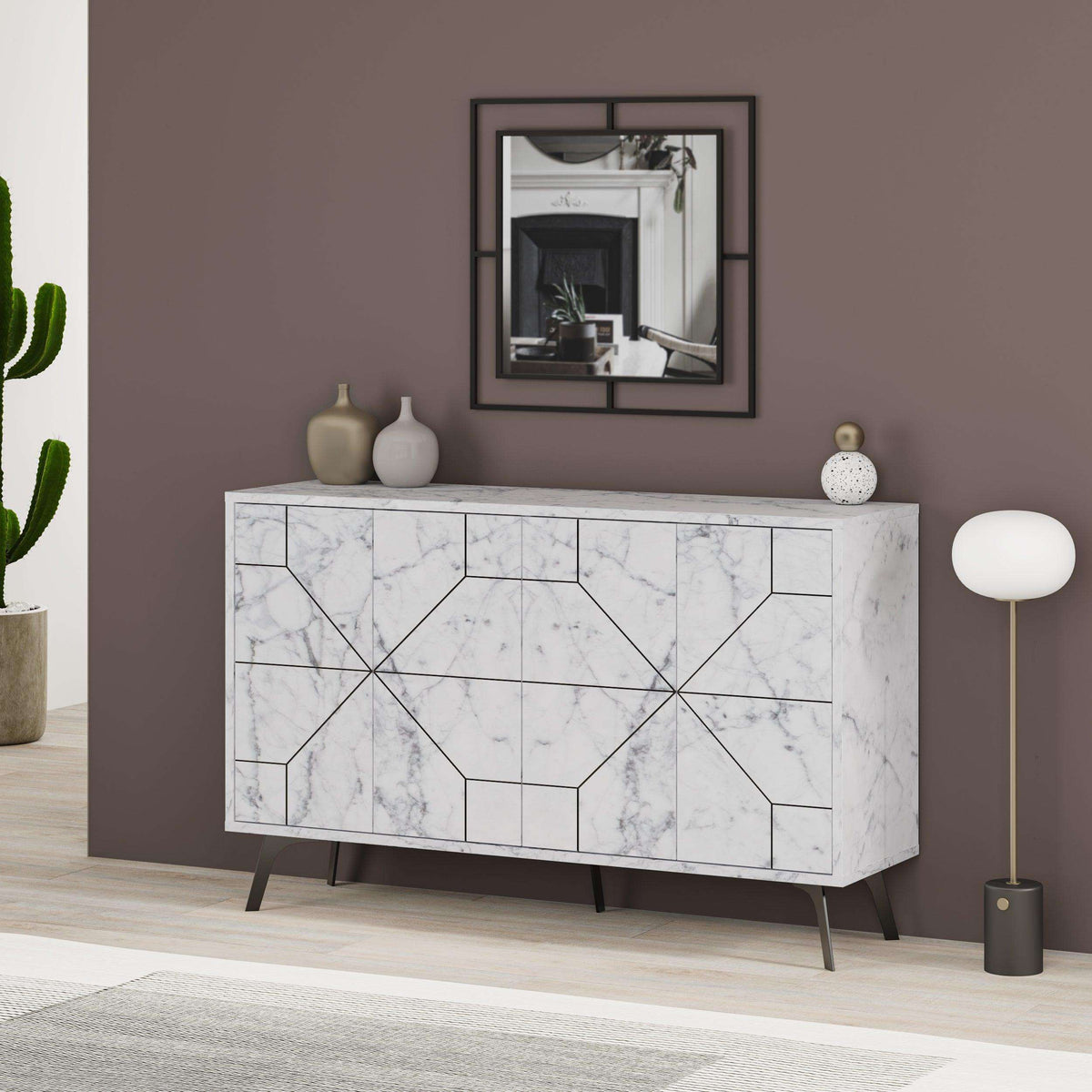 White marble-look console sideboard with geometric doors and angled black legs.