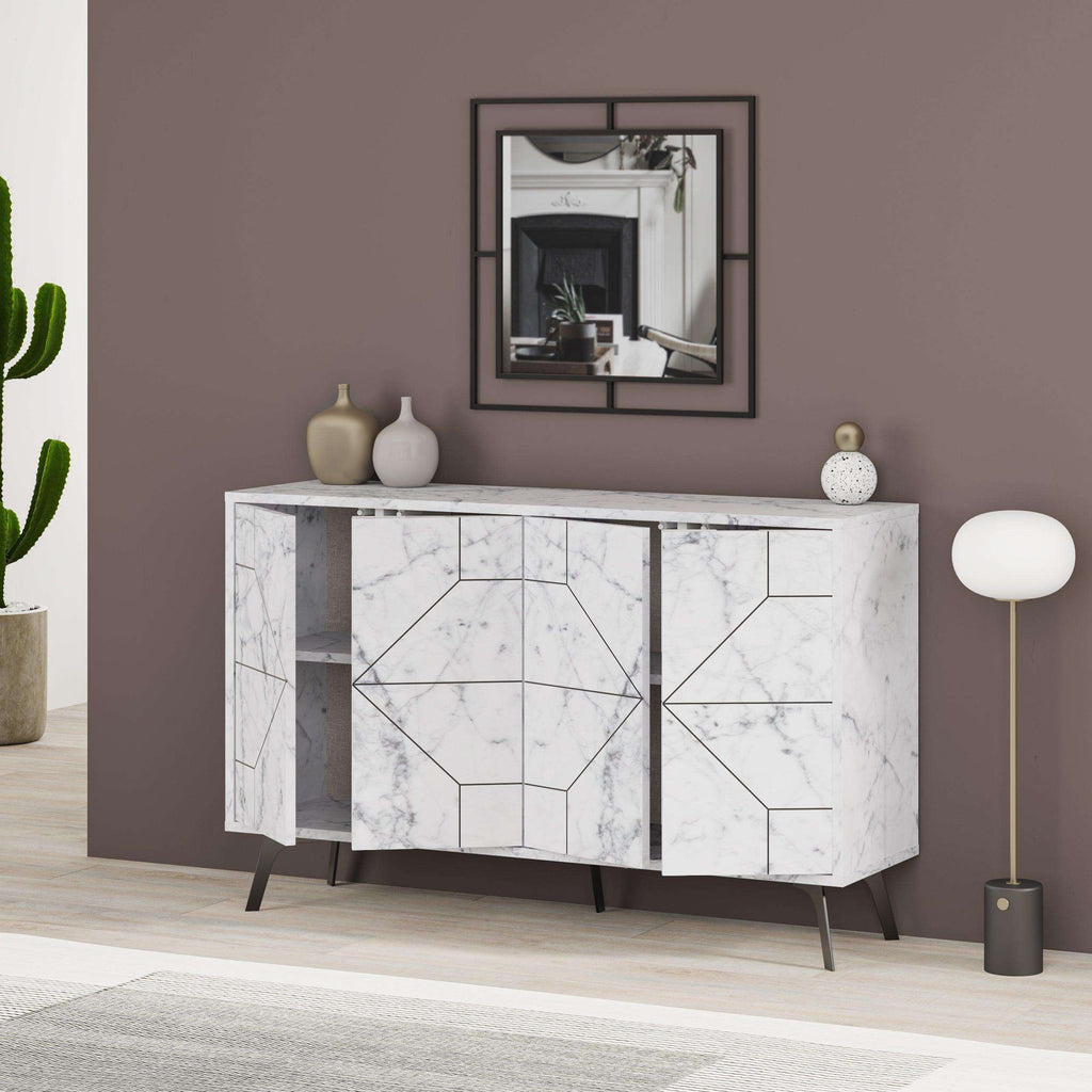 White marble-look console sideboard with geometric doors and dark legs.