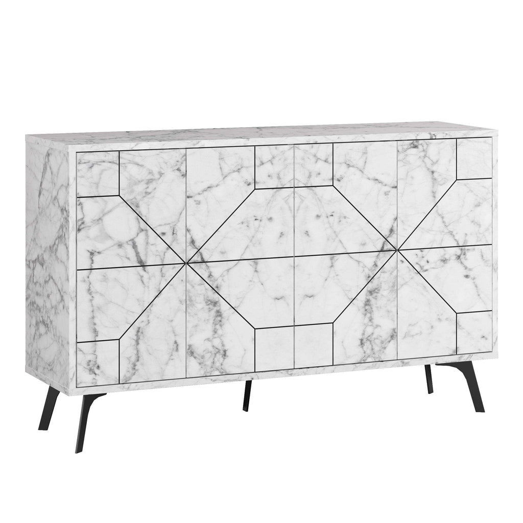 White marble-look console sideboard with geometric door panels and black tapered legs