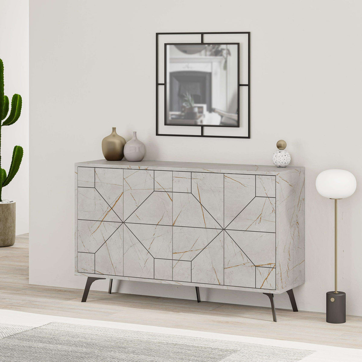 White marble-look console sideboard with geometric door panels and angled legs.