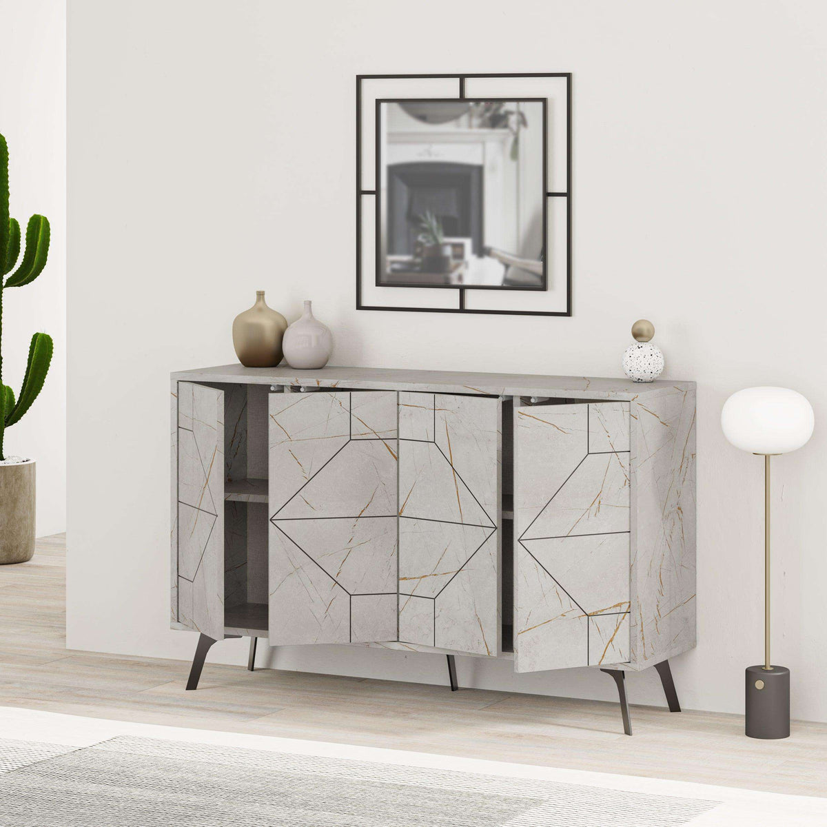 White marble-look sideboard with geometric door panels, dark legs, and open styling