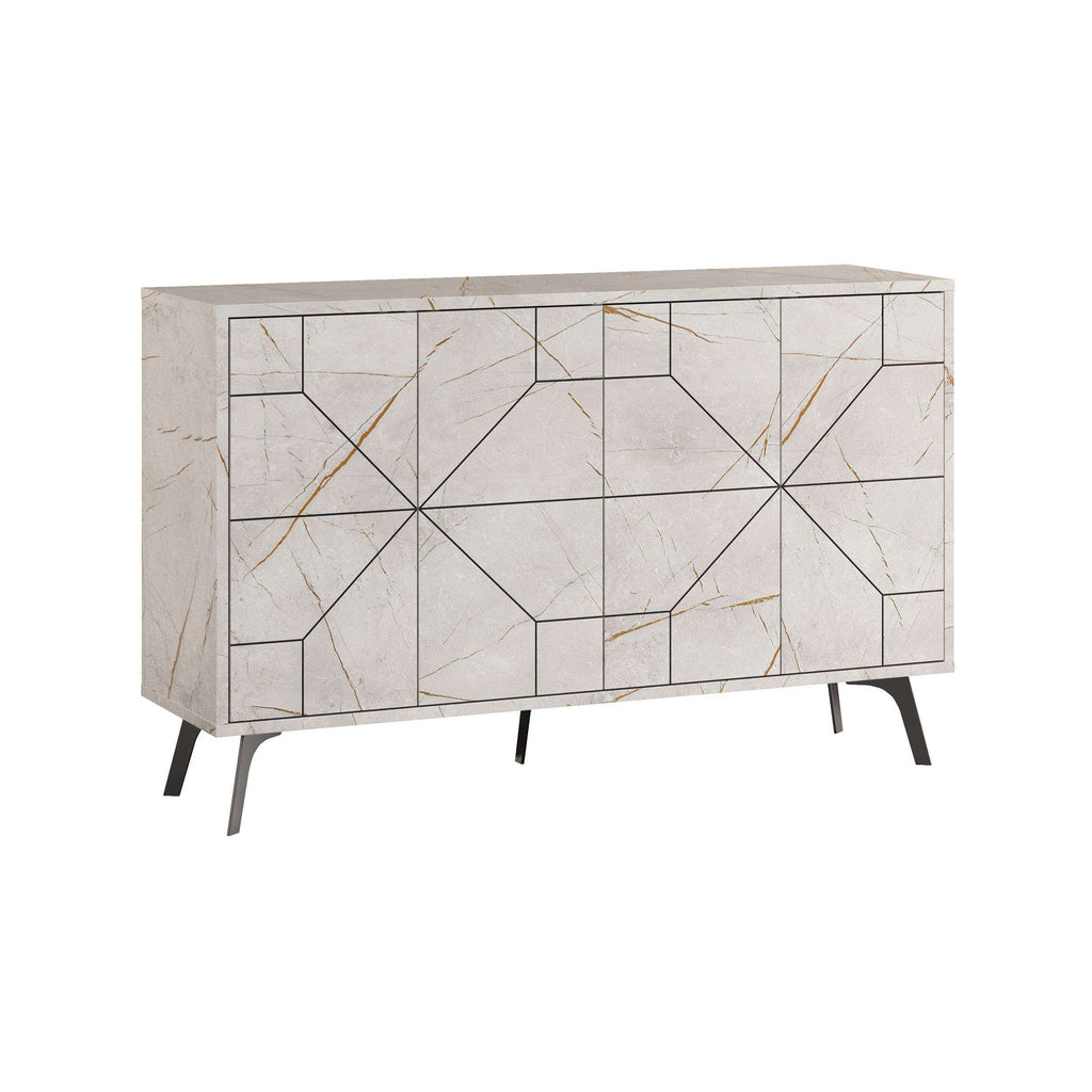 Light marble-look sideboard cabinet with geometric door fronts and black legs