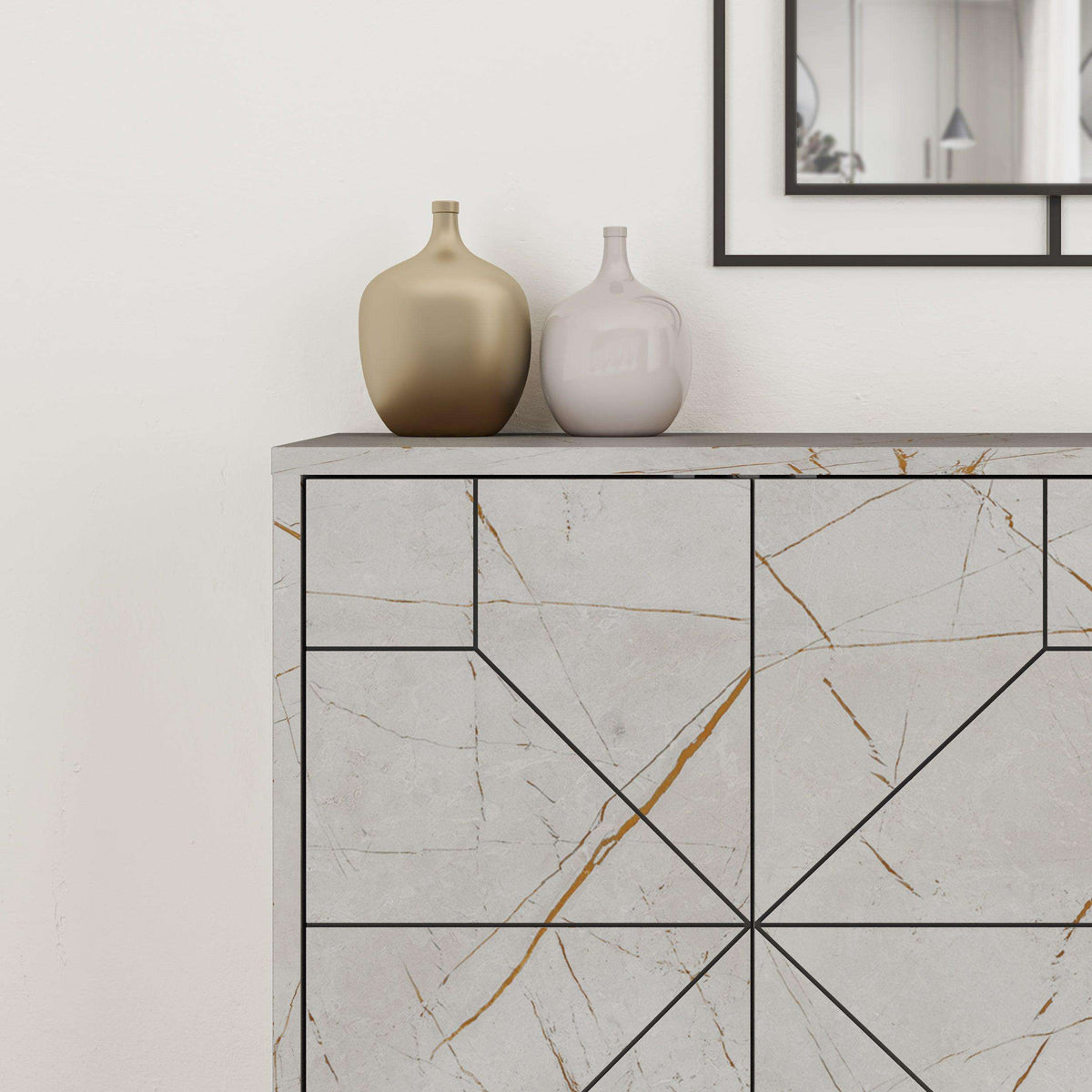 Light marble-look sideboard front with geometric panels and gold veining