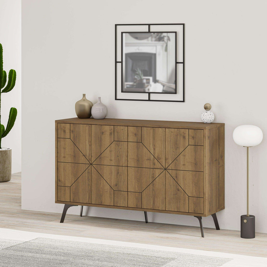 Light oak console sideboard with geometric panel doors and dark tapered legs.