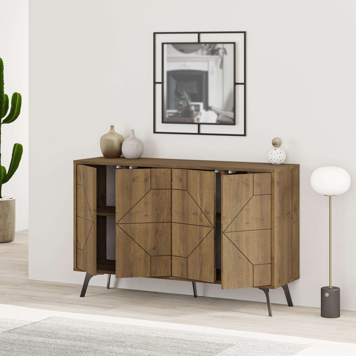 Brown oak sideboard with geometric panel doors, slim legs, and side cabinet frame