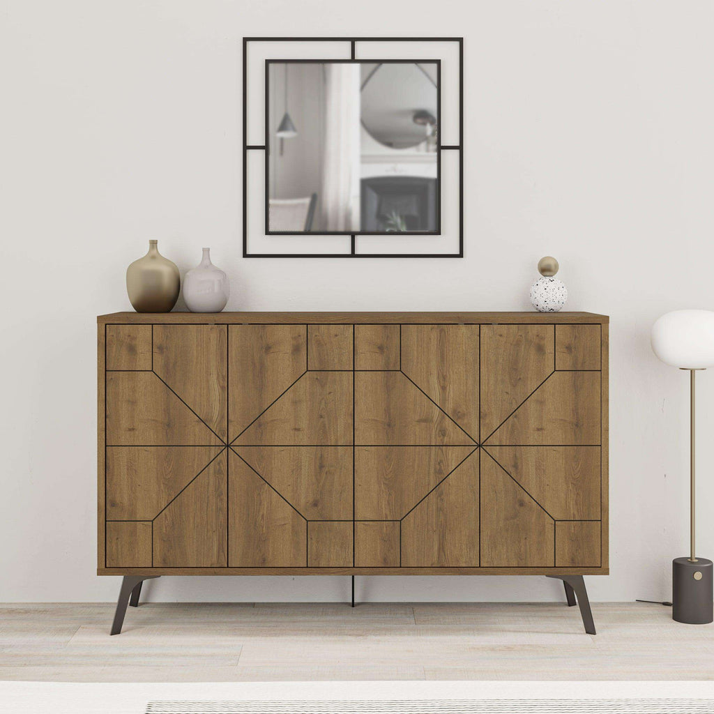 Dark oak console sideboard display unit with geometric panel doors and slim legs