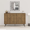 Dark oak console sideboard display unit with geometric panel doors and slim legs