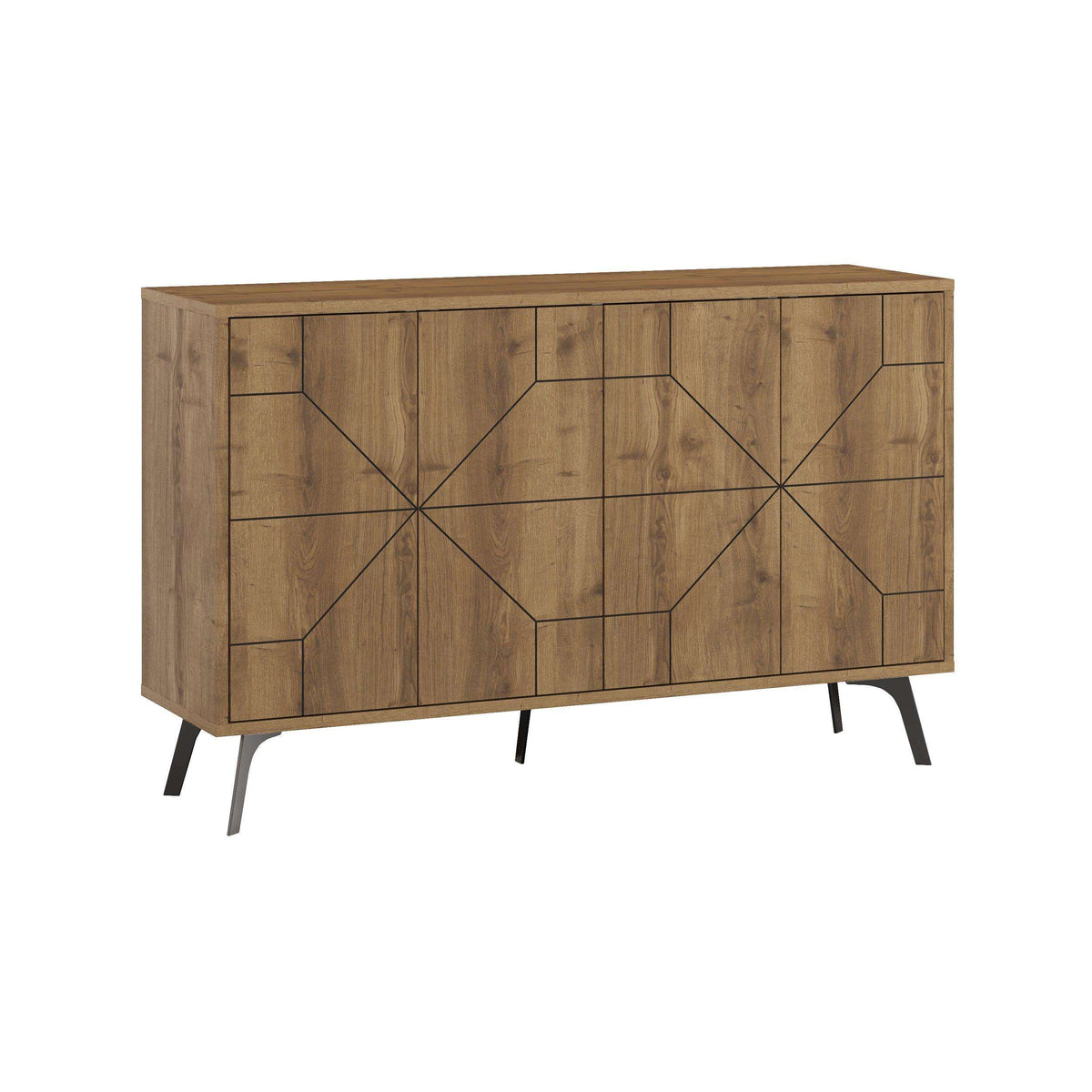 Oak-toned sideboard cabinet with geometric door panels and angled black feet