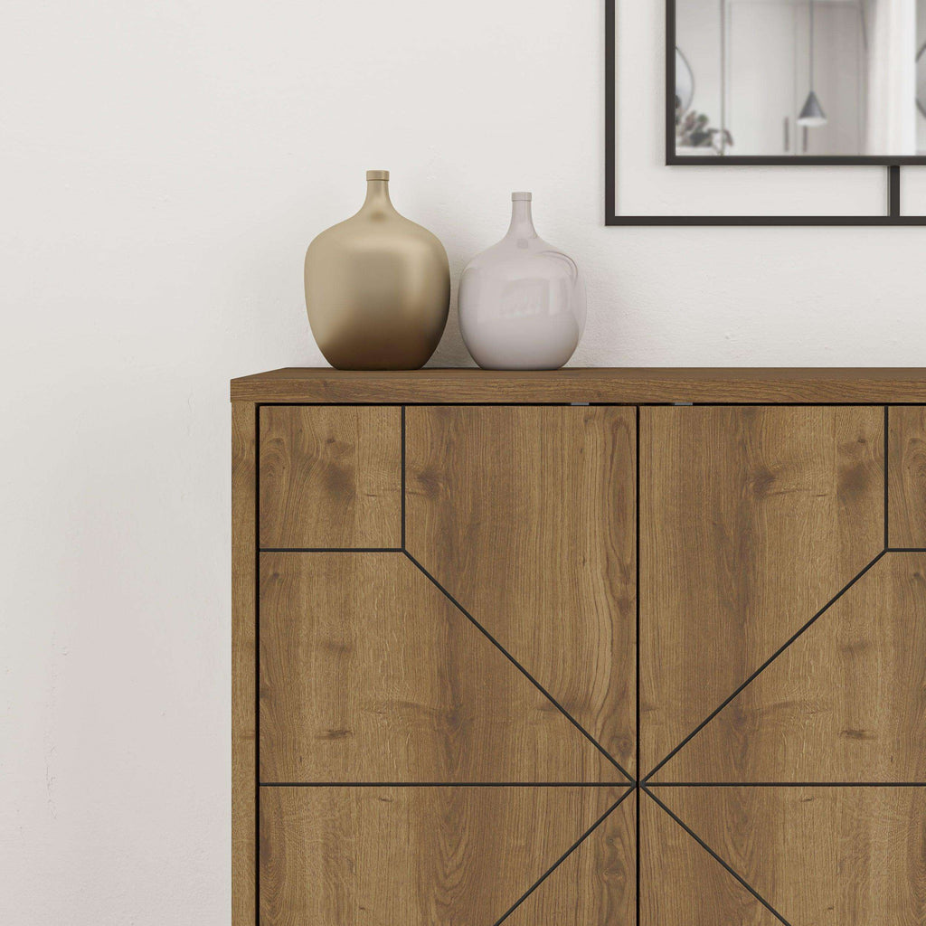Oak-toned sideboard front with geometric inlay panels and smooth cabinet doors