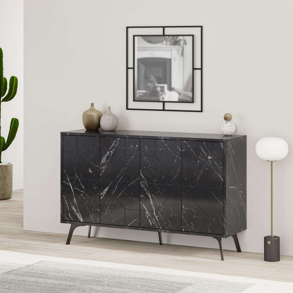 Black marble-look console sideboard with geometric door panels and dark tapered legs.