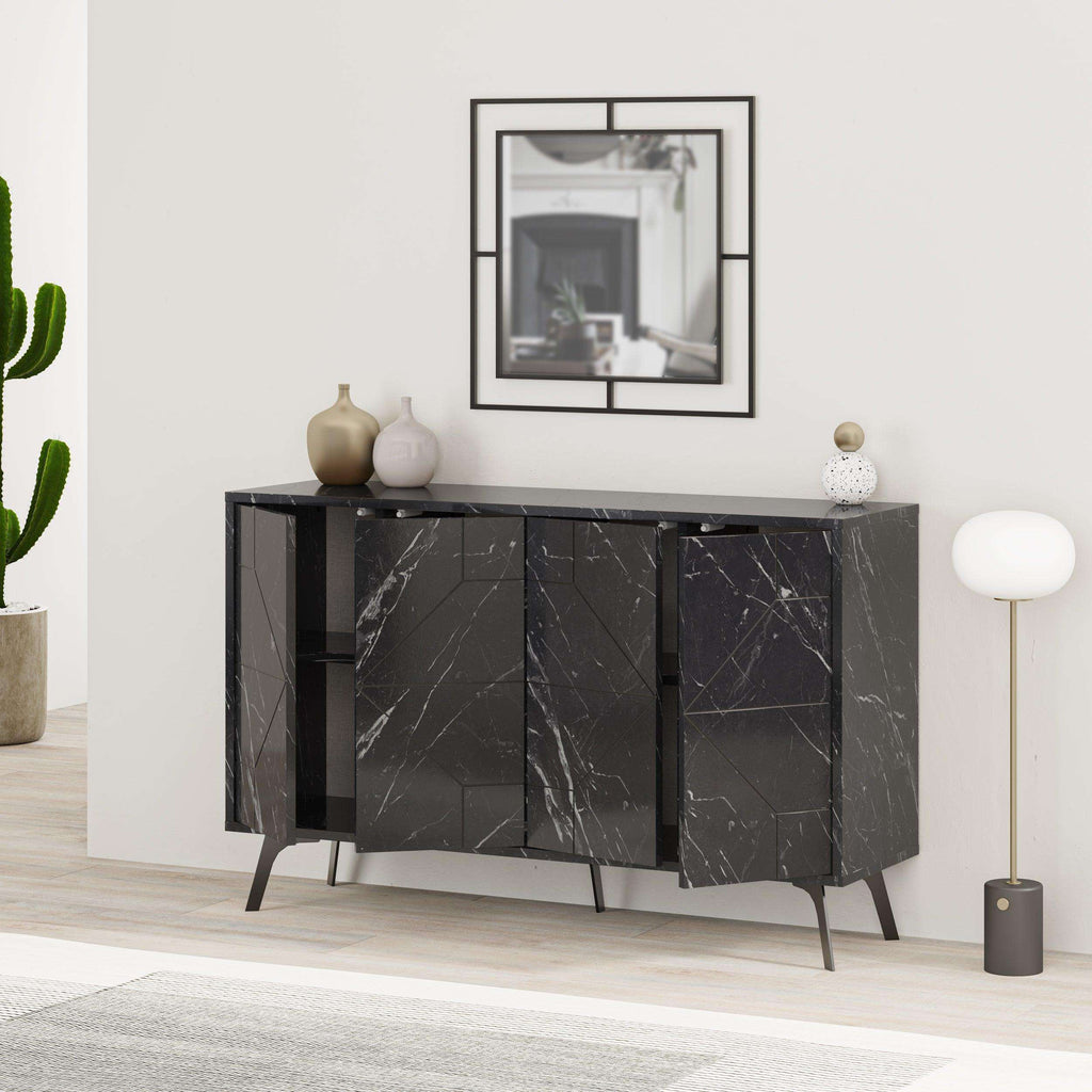Anthracite black sideboard with marble-look geometric door fronts and black legs