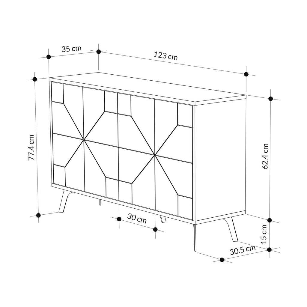 White sideboard cabinet with geometric panel doors and tapered legs