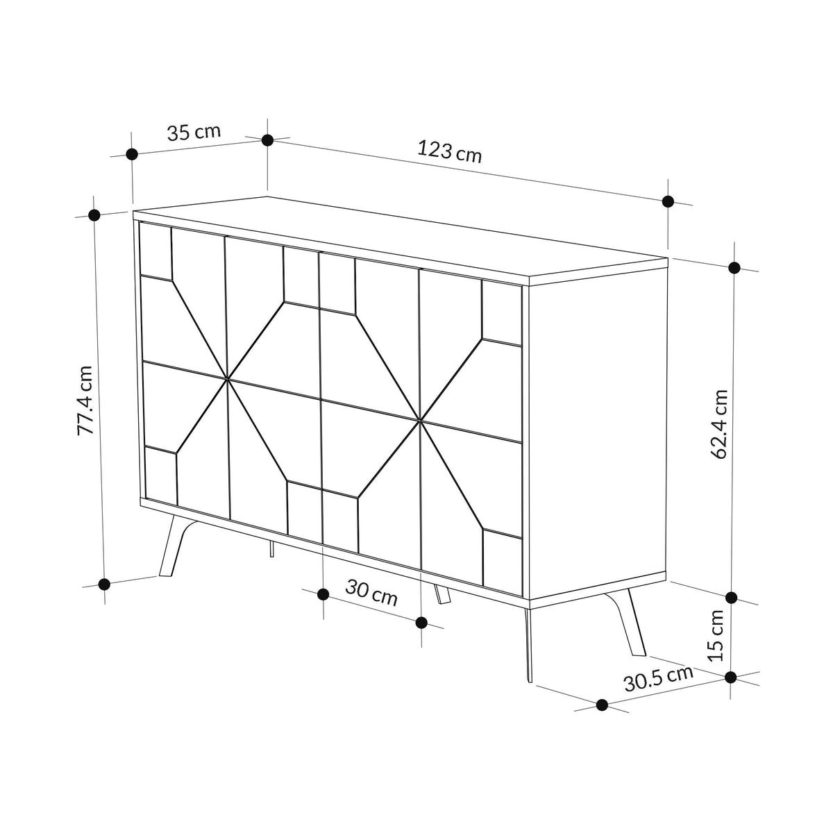 White sideboard cabinet with geometric panel doors and tapered legs