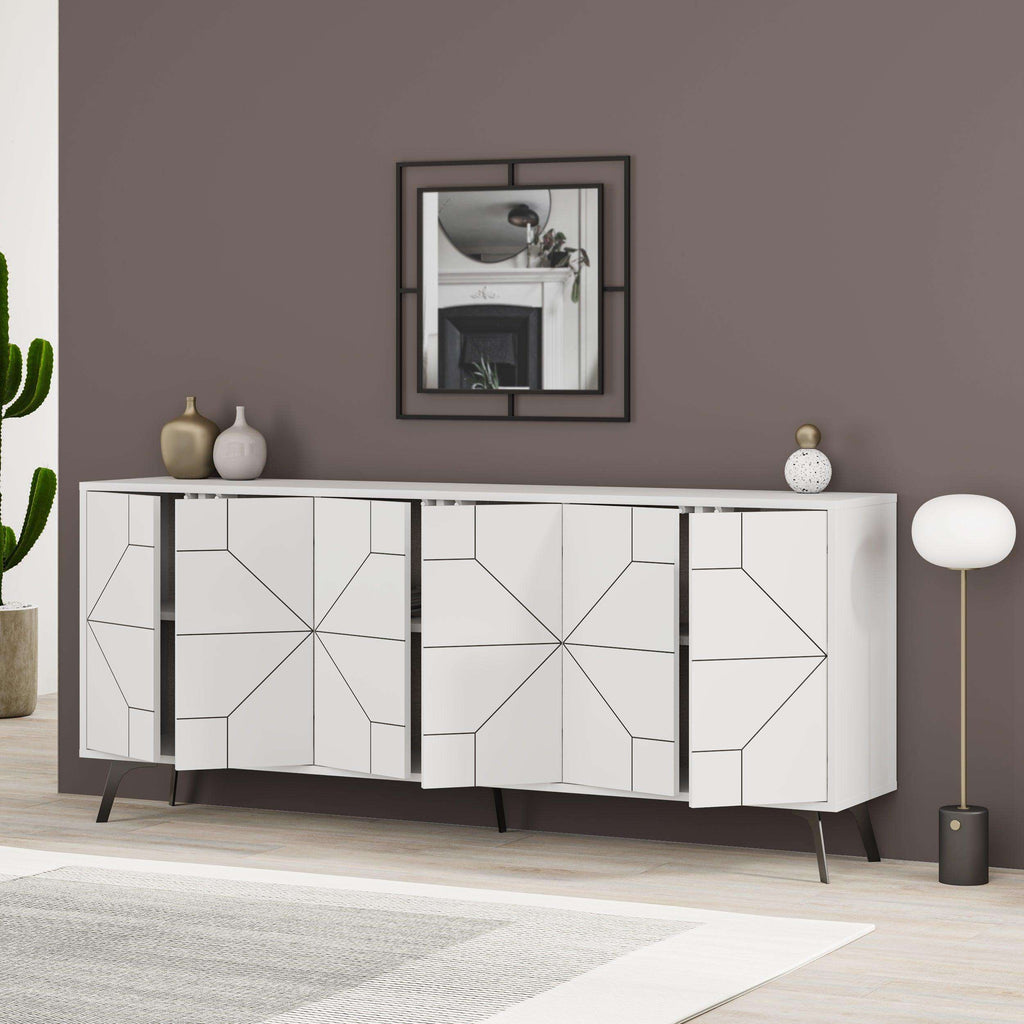 White console sideboard with geometric doors, open shelves, and angled dark legs
